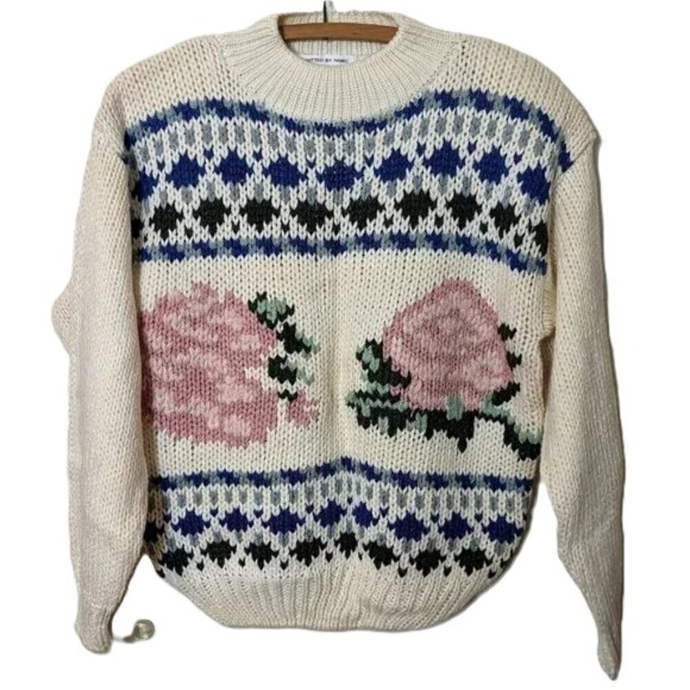 Vintage Nuggets Sweater 80's Cottagecore Hand Knitted Preppy Floral Heritagecore